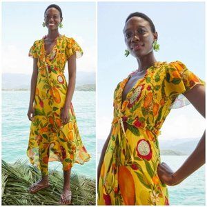 NWOT Farm Rio Fruit Lovers Flowy Smocked Ruffled Tropical Maxi Dress
